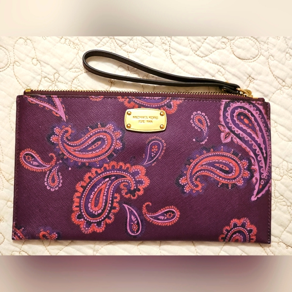 Michael Kors Plum Paisley Wristlet Clutch